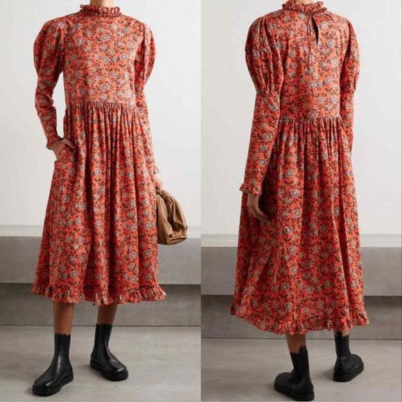 Horror Vacui August Floral Ruffled Cotton Midi Dress Size XS - Picture 1 of 5